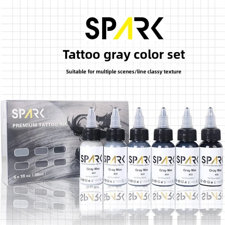 Ink tal-għamla permanenti professjonali tas-sett ta 'spark griż 30ml / 1oz Ink tat-tatwaġġ organiku għal artisti tatwaġġ